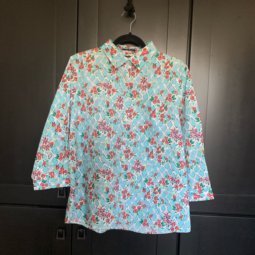 Lands' End No Iron Floral Button Down Shirt - Blue and Red